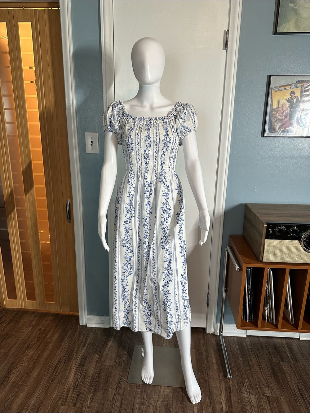 H&M White Midi Dress with Blue Floral Print